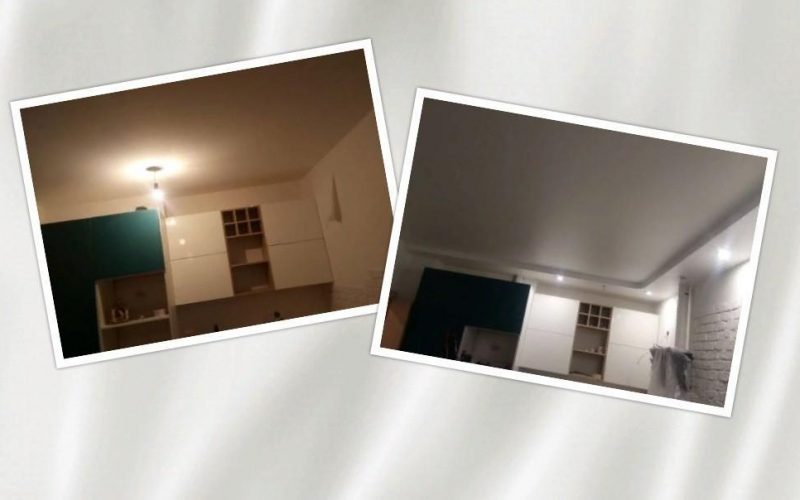 Плюсы натяжных потолков кухня до и после установки матового потолка